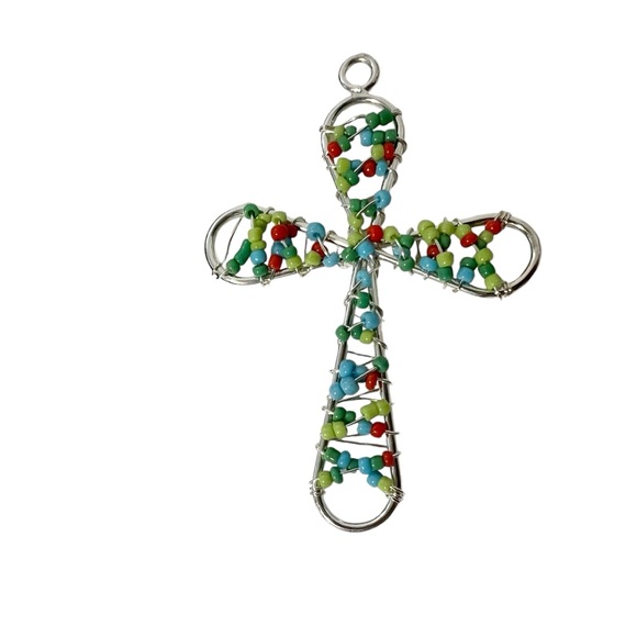 Bead and Wire Crucifix Pendant Silvertone Multi Color - Picture 2 of 4